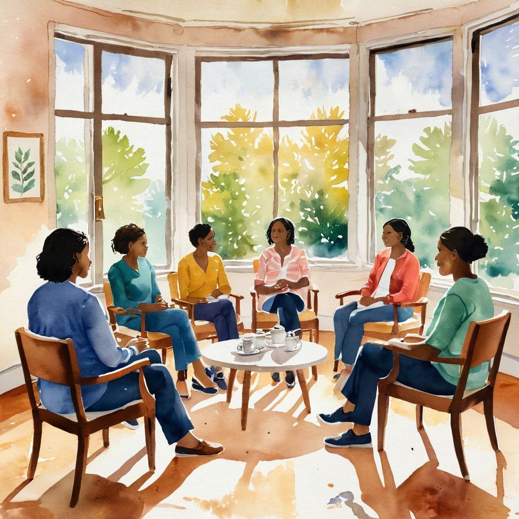 A diverse group of individuals in a warm, inviting room, sharing stories of resilience and hope. Visible elements include comforting chairs arranged in a circle, soft lighting, and a small table with tea and tissues. Light streaming in from a window symbolizes healing and support, while their expressions reflect empathy and understanding. Illustration style: watercolor painting. vibrant colors.