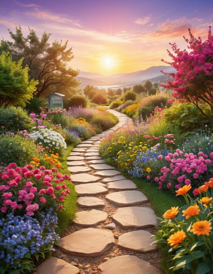 A serene landscape featuring a winding path through a vibrant garden with blooming flowers symbolizing hope and healing. Include various icons representing cancer care, such as a stethoscope, support group silhouettes, and research symbols, gently integrated into the scenery. In the background, a bright sun rises, casting a warm glow, symbolizing new beginnings and advancements in treatment. Soothing colors to invoke peace and optimism. illustration, vibrant colors, soft focus.