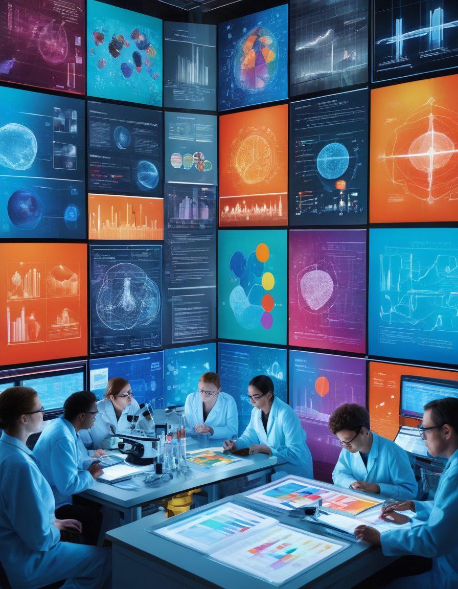 A dynamic collage showcasing a diverse group of researchers collaborating in a modern laboratory, surrounded by high-tech equipment and colorful charts displaying research data. Include a concerned patient discussing their needs with a compassionate advocate, highlighting the intersection of science and care. Vivid colors to represent innovation and hope. super-realistic. vibrant colors. 3D.